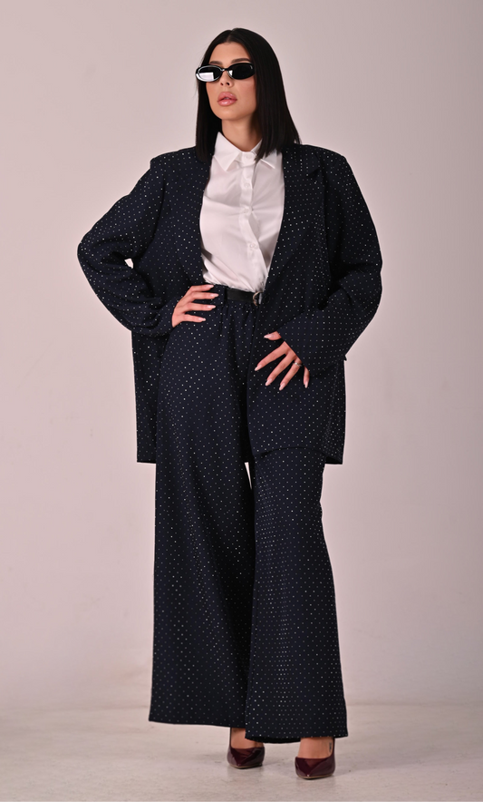 Completo giacca e pantalone blu notte tempestato di Swarovski